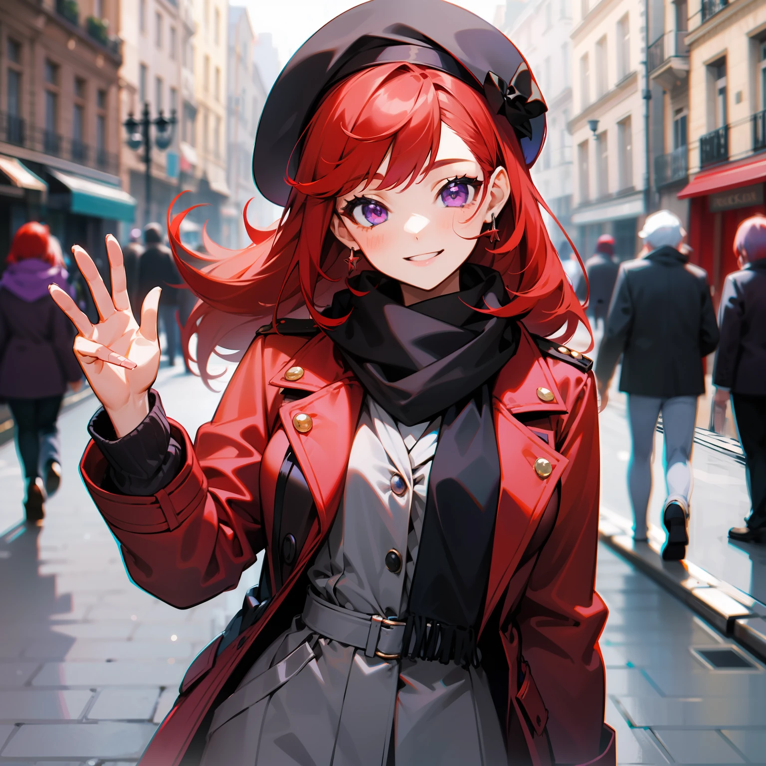 Anime girl with red hair and hat posing for a picture - SeaArt AI