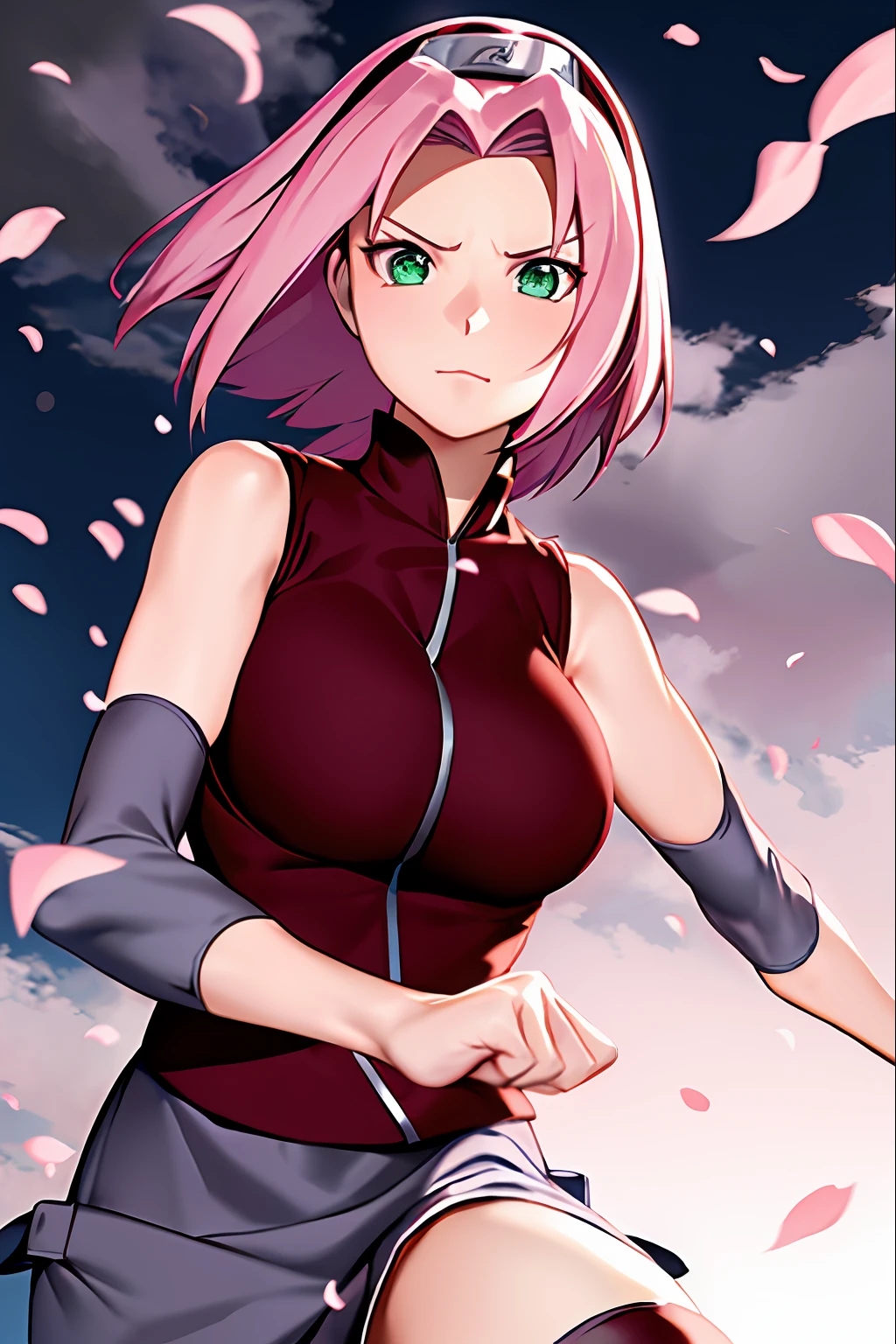 haruno sakura, naruto \(series\), naruto shippuuden, anime art style, masterpiece, 

looking at viewer, upper body, 

fighting pose, clenched hands, closed hands, contracted fingers, arm stretched out, raised fist, about to punch, detailed fist,  focus fist,

red shirt, shirt, short hair, sleeveless, sleeveless shirt, forehead protector, hairband, konohagakure symbol on hairband, 

1girl, solo, bangs, breasts, closed mouth, elbow sleeve, eyes visible through hair, floating hair, foreshortening, green eyes, hair intakes, parted bangs, pink hair, small breasts, v-shaped eyebrows, detailed background, outdoor, cherry blossoms, sky, cloud, wind, day, sunlight, ((large breasts))