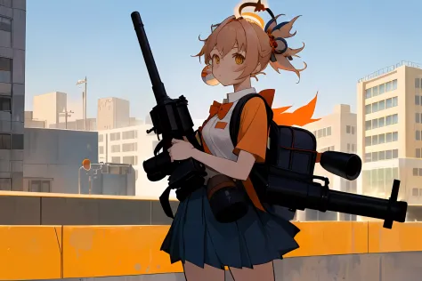 "1 girl, Yoimiya wearing a school uniform, with an orange halo on her head, holding a minigun, carrying a cute white backpack on...