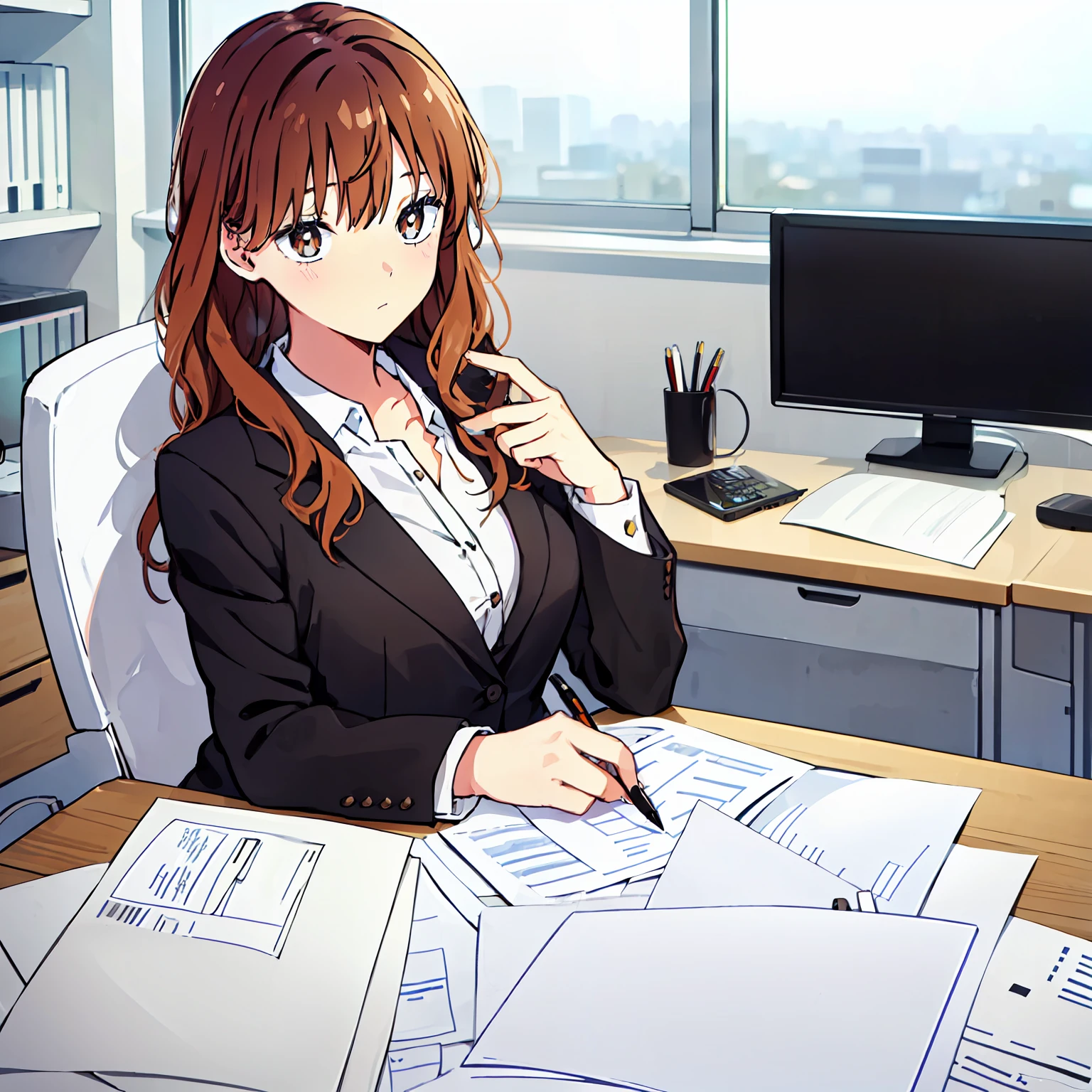 1 girl, long hair, brown hair, wavy upper-back length, brown eyes, black blazer, grey blouse, white pantyhouse, inside office, on top office desk, computer, smartphone, printers, papers, hold a pen in right hand, perfect finger shape