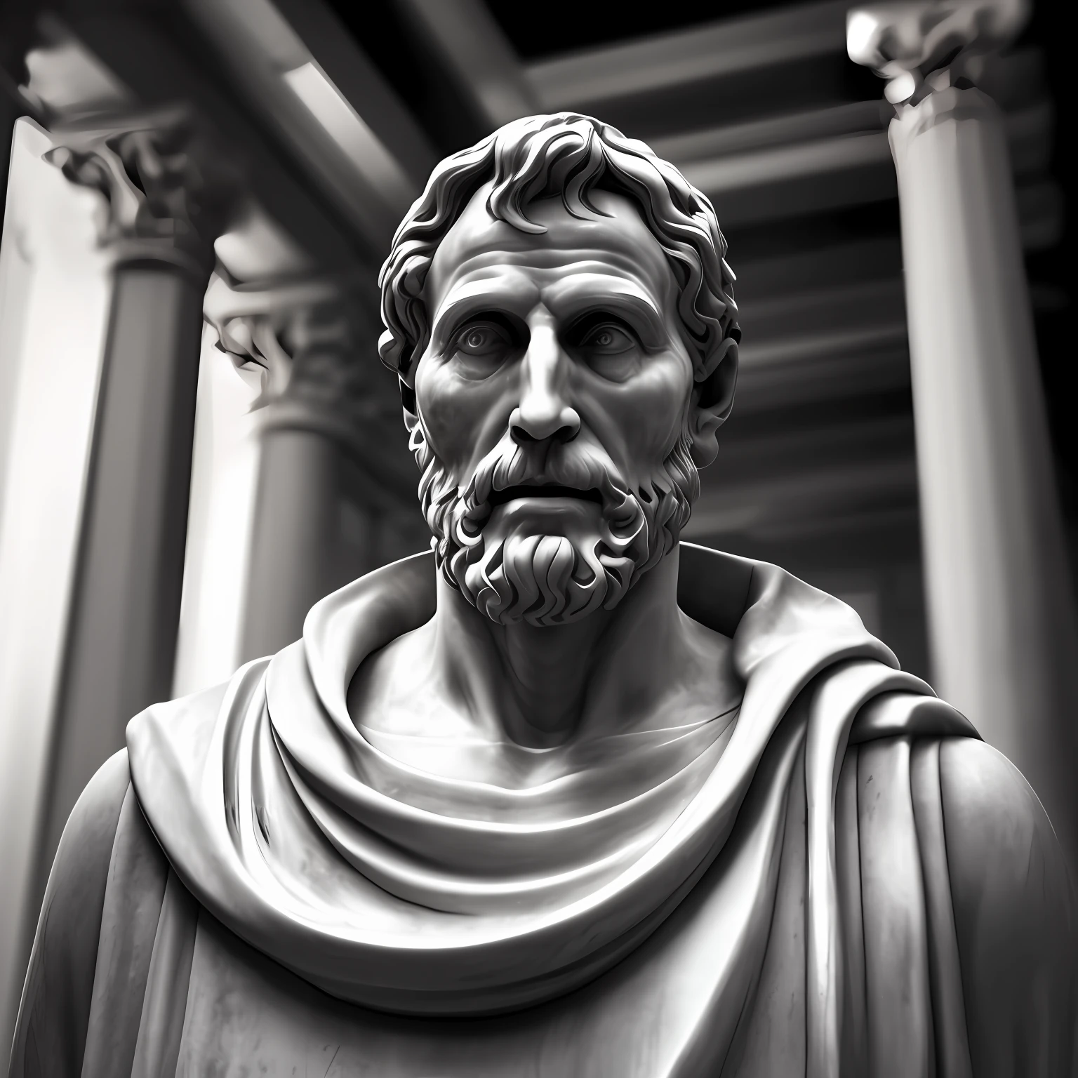 Seneca, close-up of a classic wise greek philosopher, statue in a temple, stoic posture, greek god, wisdom, cinematic feel, black and white, ultra realistic, ultra detailed and handcrafted in every aspect, discover of the seven seas