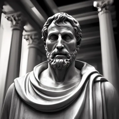 seneca, close-up of a classic wise greek philosopher, statue in a temple, stoic posture, greek god, wisdom, cinematic feel, blac...