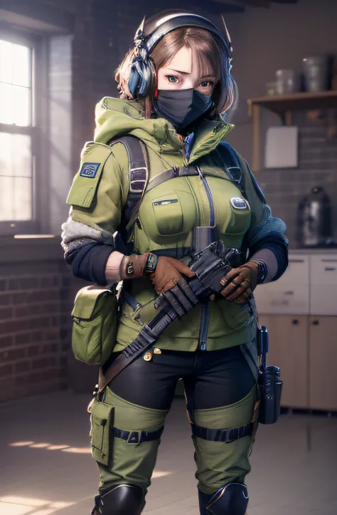 ((high quality)), ((masterpiece)), 8k, 2girls, bulletproof vest, light rays, extremely detailed CG unity 8k wallpaper, game cg, looking at viewer, gloves, boots, full body, watch, computer, mask, drone, holding weapon, headphones, jacket, bag, backpack,