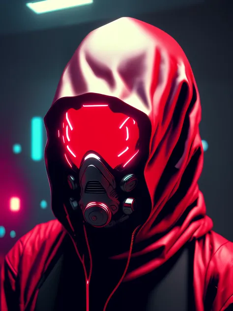Estilo NeonNinja, close-up of a person with a red hood there is a large ball in the middle of a room, close-up of an electronic device on a table, Jabbawokezz mask