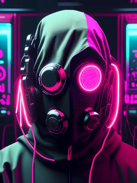 estilo neonninja, close-up of a person with a black hood there is a large ball in the middle of a room, close-up of an electroni...