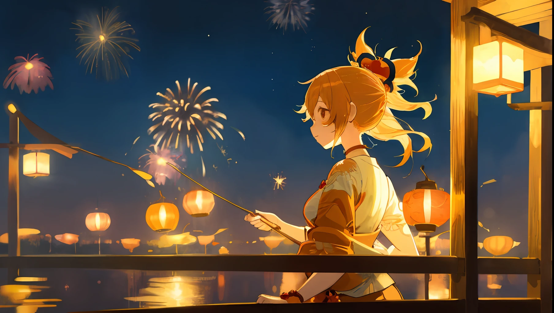 1 garota,Obra de arte, ilustração, Yoimiya, fogos de artifício, peixe dourado, Festival de verão, yukata, período noturno, mágico
