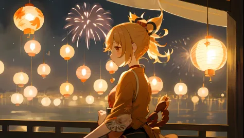 1girl,masterpiece, illustration, Yoimiya, fireworks, gold fish, summer festival, yukata, night time, magical