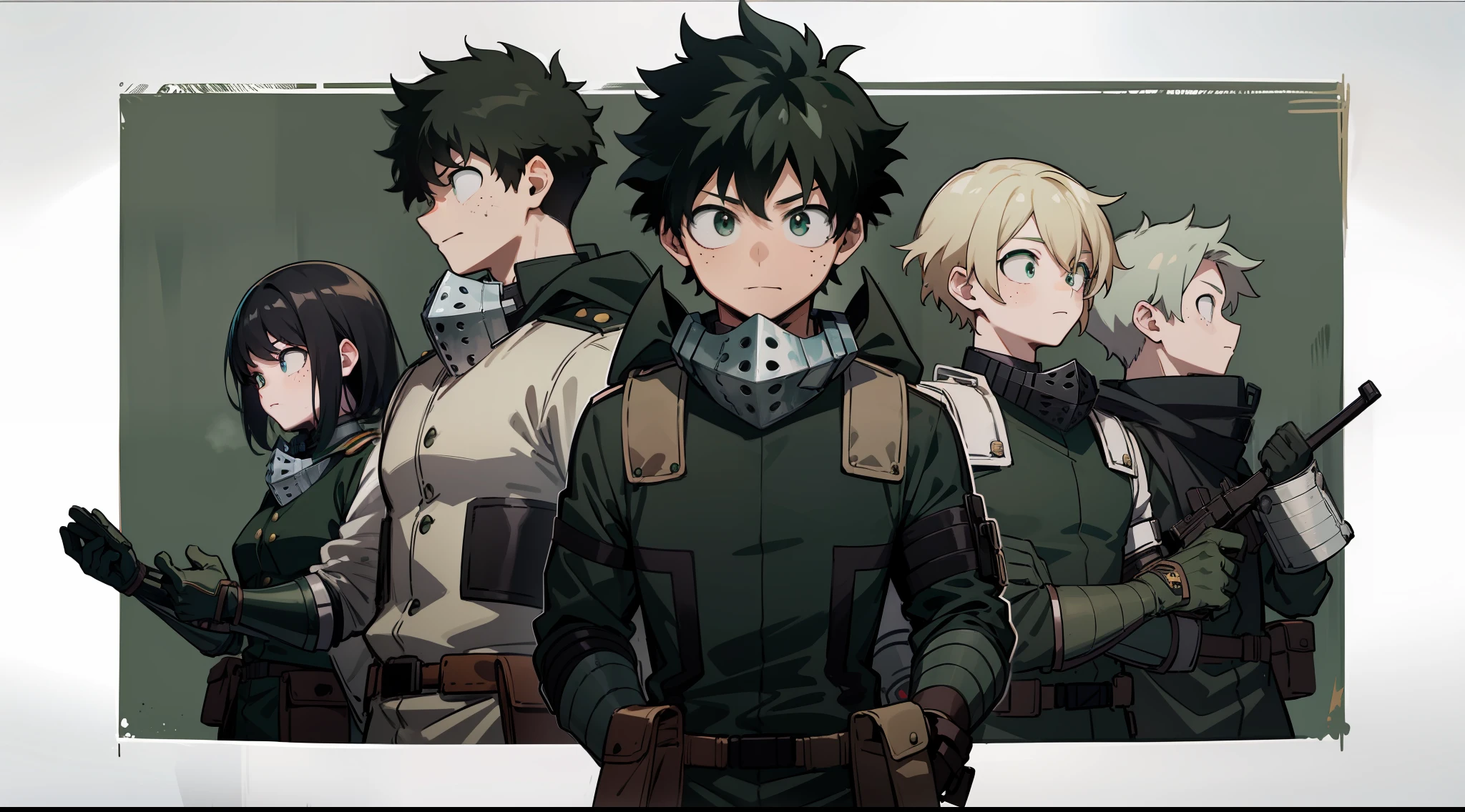 ((Masterpiece, highest quality)), My Hero Academia style, detailed face, character sheet, full body, full of details, highly detailed, depth, Izuku Midoriya, anime boy, 1boy, young boy, face covering, mask, goggles, army green goggles with black frame, army green metal mask, Full body suit, hero suit, dark green suit, Black metal breastplate, chest harness, army green shoulder pads, army green elbow pads, army green knee pads, army green shin guards, Army green bracers, Black ankle boots, ankle boots with military green metal toecaps, military green gloves,