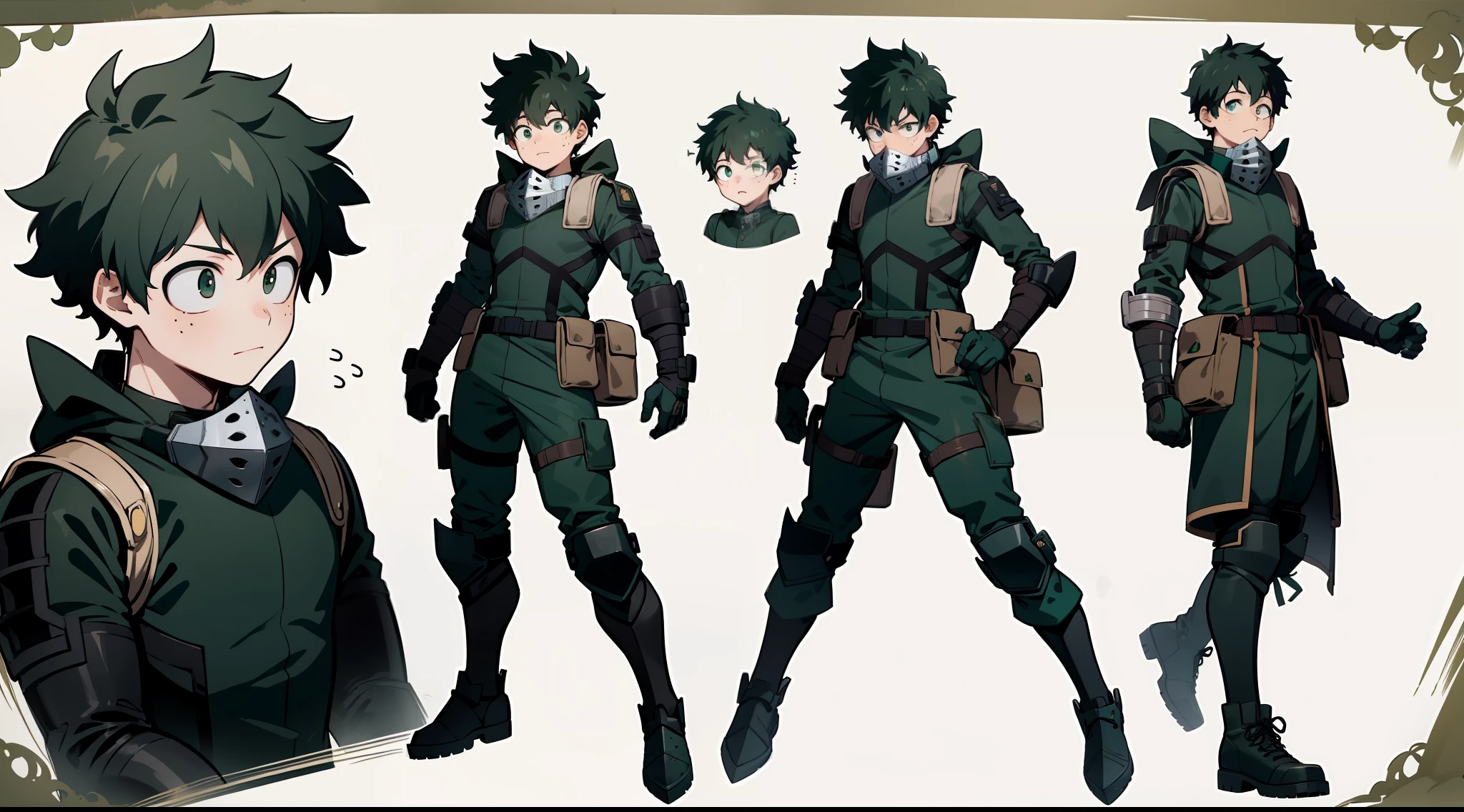 ((Masterpiece, highest quality)), My Hero Academia style, detailed face, character sheet, full body, full of details, highly detailed, depth, Izuku Midoriya, anime boy, 1boy, young boy, face covering, mask, goggles, army green goggles with black frame, army green metal mask, Full body suit, hero suit, dark green suit, Black metal breastplate, chest harness, army green shoulder pads, army green elbow pads, army green knee pads, army green shin guards, Army green bracers, Black ankle boots, ankle boots with military green metal toecaps, military green gloves,