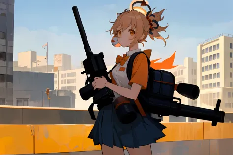 "1 girl, yoimiya wearing a school uniform, with an orange halo on her head, holding a minigun, carrying a cute white backpack on...