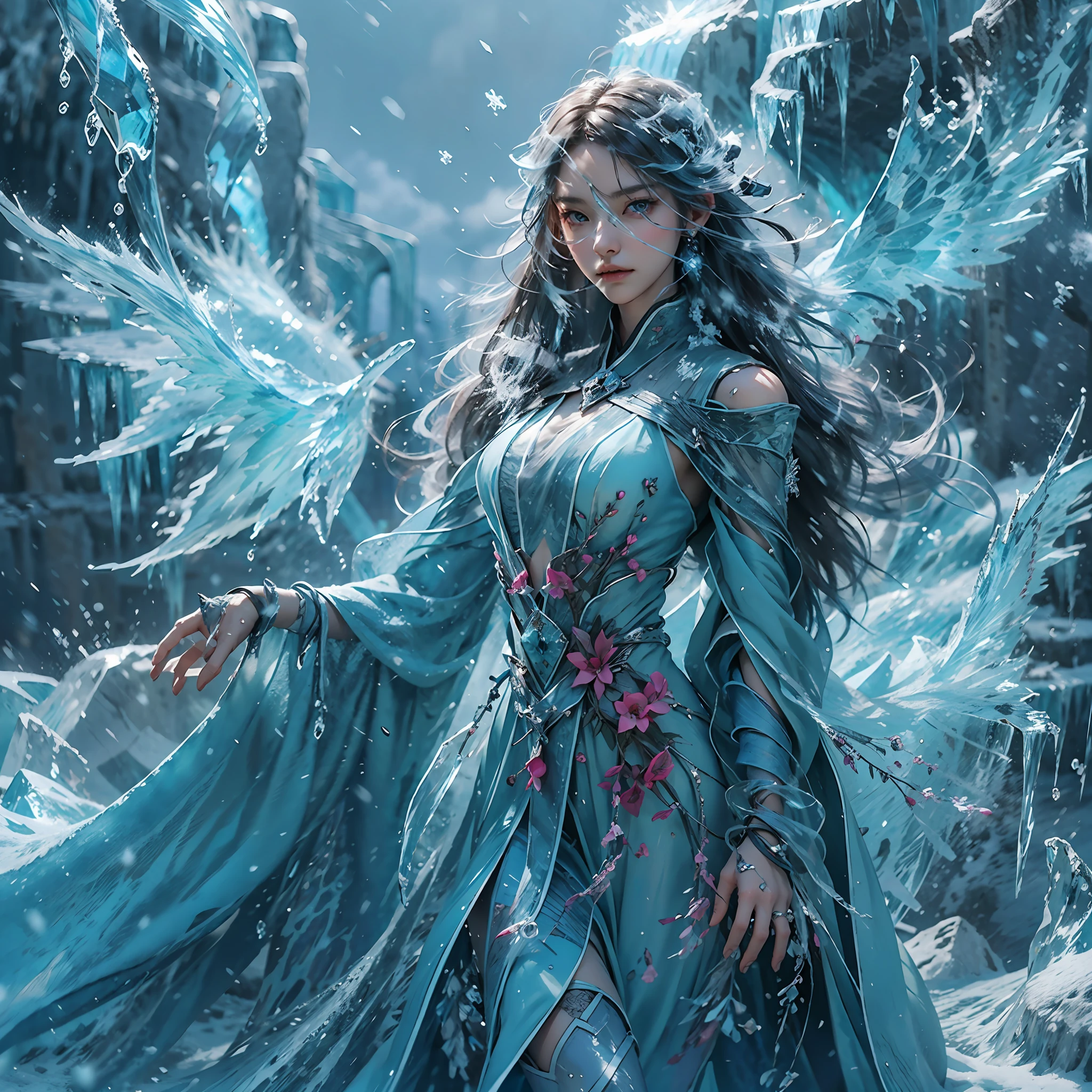 (((1 девушка)))，имперская вода，Волшебник，（свободное платье：1.5），（Идеальные черты лица：1.4），（синий шелковый халат），（Таинственные магические образования：1.2），синее свечение，（Морозные крылья），(((Мощная ледяная магия)))，(((сосульки)))，Возвышаясь над пейзажем，Синий свет, холодный свет，(((Ледяные бури)))，ветер，((Летающий снег, лед и снег))，Потрясающие результаты，,лучший специалист по качеству,tшедевр,сверхвысокое разрешение,детально детализированный,Сложные детали,Разрешение 8К,8KUCG обои,HDR,вода голубая,Магический массив,кинематографические световые эффекты,контраст света и тени，Трассировка лучей、NVIDIA РТХ
