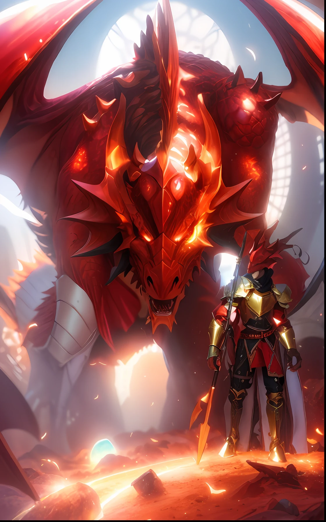 Hay un dragón rojo con un caballero al costado., Caballero Dragón, armadura de aspecto dracónico, el diablo en el infierno como un dragón, armadura de dragón, Hiperrealista D & D arte de fantasía, dragón en el fondo, armadura de dragón inspirada en la fantasía, demonic armadura inspirada en dragón, dragón en la guarida del dragón, señor drachen, armadura inspirada en dragón, cargando a través de una guarida de dragones,), cinematográfico, hiperdetallado, detalles locos, bellamente coloreado, Motor irreal, DOF, Súper resolución, megapíxel, relámpago cinematográfico, antialiasing, FKA, TXAA, RTX, SSAO, Postprocesamiento, Post-producción, Mapeo de tonos, ...cgi, efectos visuales, efectos de sonido, Increíblemente detallado e intrincado, Hiper maximalista, Híper realista, volumétrico, fotorrealista, ultra fotorreal | |, ultra detallado, detalles intrincados, 8k, súper detallado, Colorante, Rayo volumétrico, HDR, Realista, Motor irreal, 16k, enfoque nítido, octan render ,Retrato de Arnold Schwarzenegger shaka , detalles intrincados, características perfectas, dramático, iluminación cinematográfica, Iluminación destacada, SSAA, renderizado suave, sin ruido --testp --ar 2:3 --video --sin indicaciones perezosas --v testp