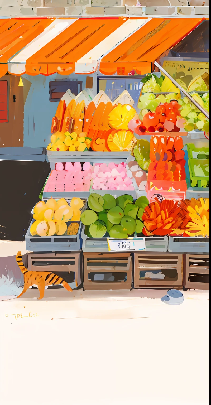 There was a cat walking around the fruit stall，There is a lot of fruit in it, colored fruit stand, digital paintin, High-quality work，There is sunlight，There are shadows on the ground