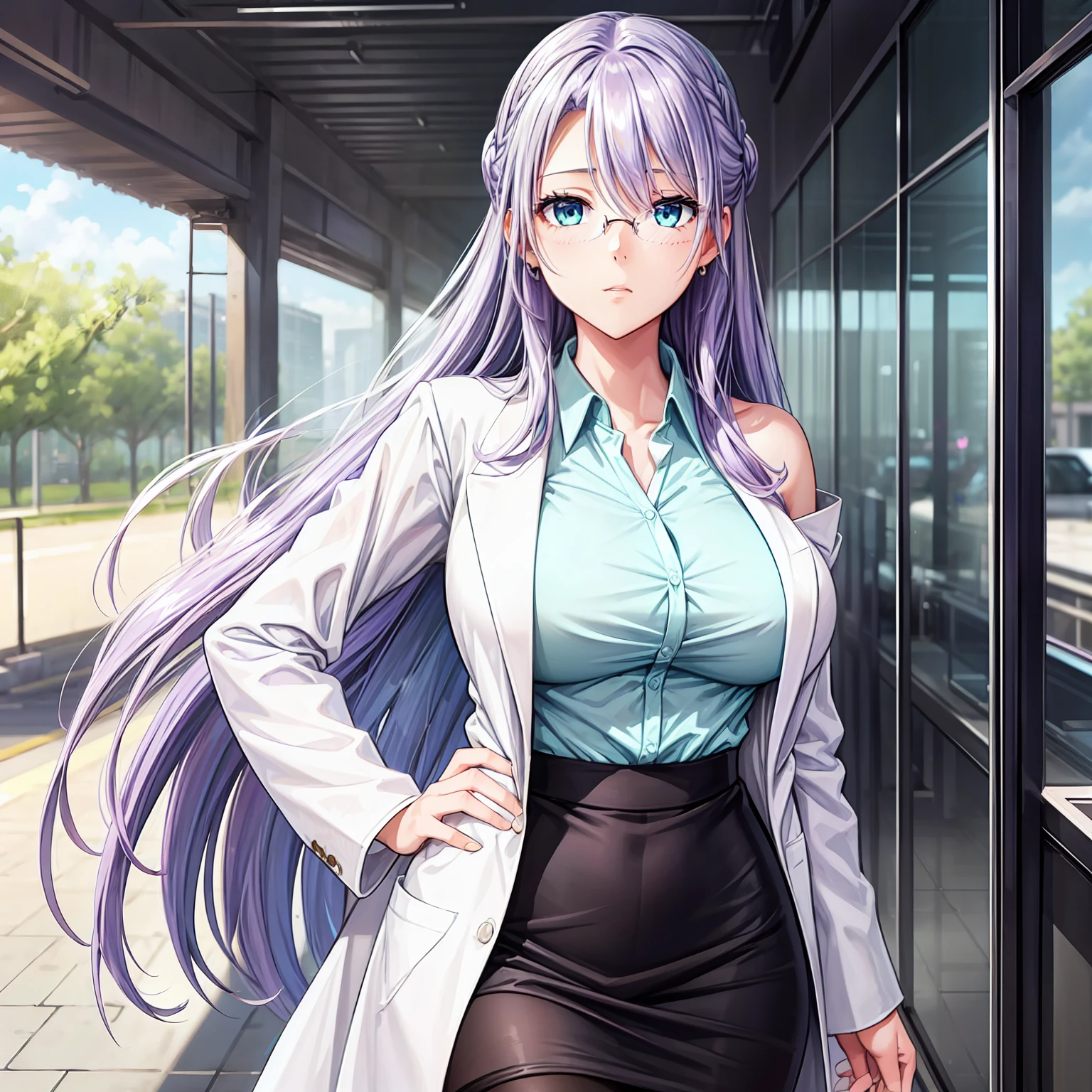 1 girl, lavender hair, long hair, lavender mature half updo, bangs hanging on the left side shoulder length hair strands hanging on either side tucked behind ears, light blue green eyes, Women's rimless glasses, large breast,doctor white coat, office lady tight shirt, unbottened shirt, pencil skirt, pair black stocking, outdoor, perfect finger shape, the number of fingers is not excessive