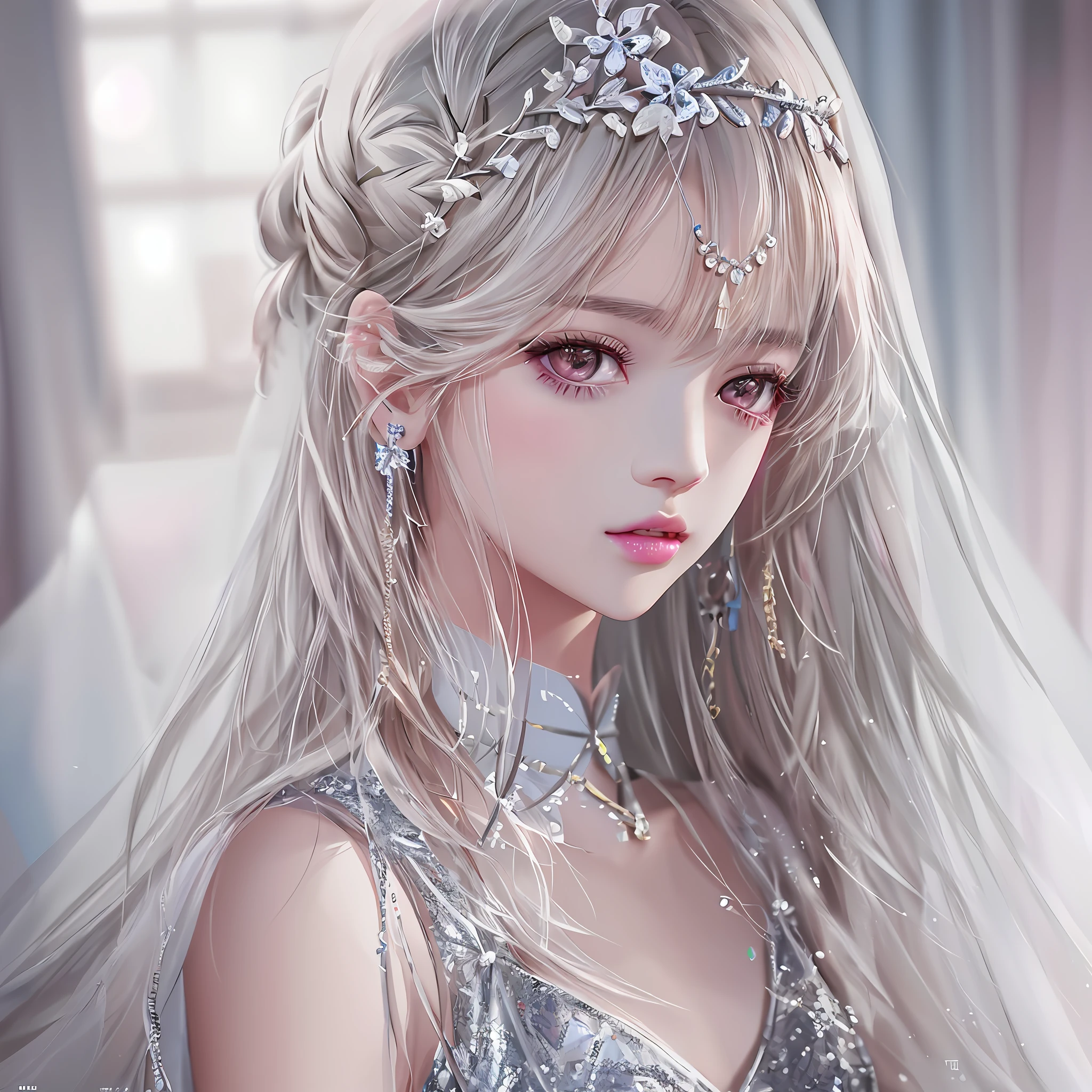 Draw a woman with long hair and a silver dress, lalisa manobal, portrait of jossi of blackpink, portrait of female korean idol, portrait of kpop idol, lalisa manoban of blackpink, portrait jisoo blackpink, inspired by Yanjun Cheng, A beautiful illustration, [ 4 K digital art ]!!