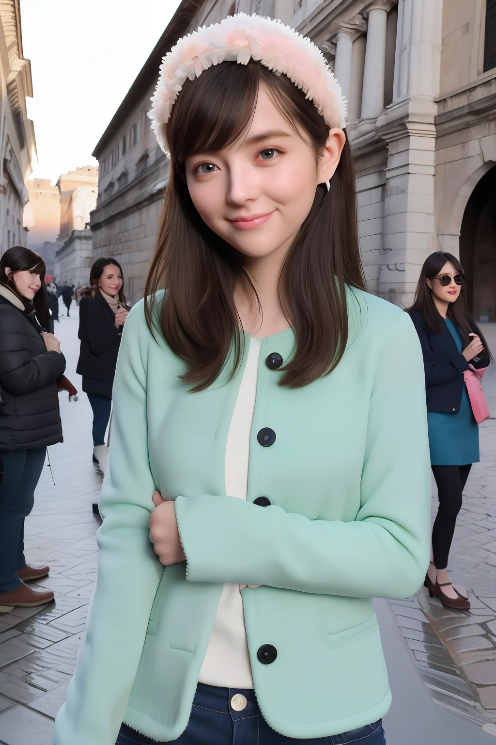 (Masterpiece),(Best quality),(Ultra-detailed), (full bodyesbian:1.2),
2girls,duo,Castel Sant'Angelo in Rome,navel,winter,Snow,crowd,Cute, Smile, Open mouth,
flower, Outdoors,Jacket, Blush,shirt, Short hair, Cherry blossoms, green headwear, Blurry, Brown hair, Blush stickers, Long sleeves, bangs, Earphone, Black hair,
(Beautiful detailed face), (Beautiful detailed eyes),