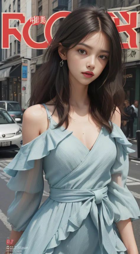 （Magazine cover style illustration of a vibrant, stylish woman dressed）， perfect figure beautiful woman:1.4, Slim abs:1.2, ((Layered Hair Style,)), (the street:1.2), Highly detailed facial and skin texture, A detailed eye, 二重まぶた,MagazineCover