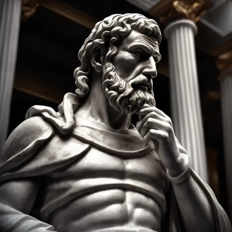 seneca, close-up of a classic wise greek philosopher, statue in a temple, stoic posture, greek god, wisdom, cinematic feel, blac...