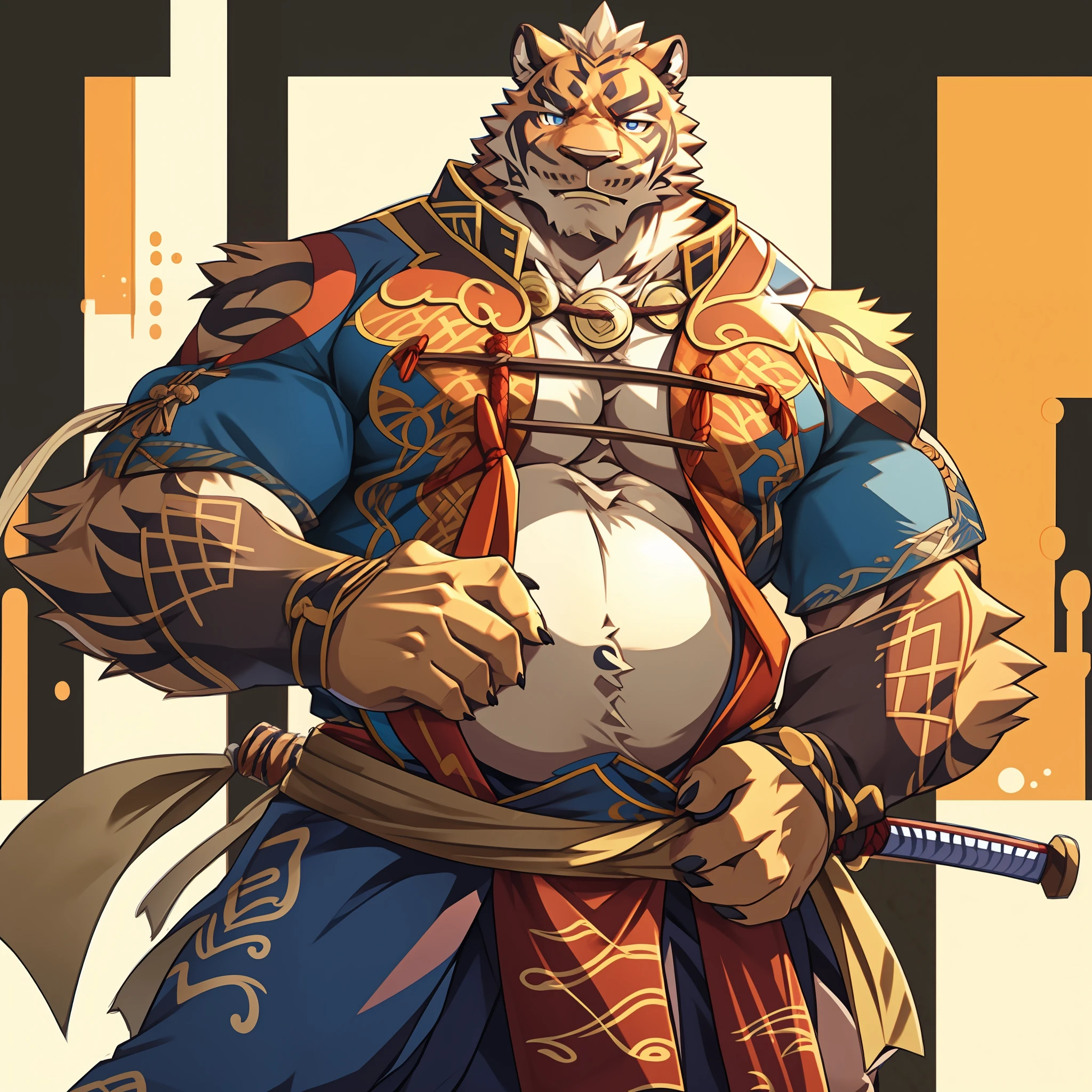 Lin Hu，musculature，tit，Fat Chubby，Wear a katana，potbelly，Plump and firm，Huge protrusions on the lower body，Wear a katana，Samurai style，carrying swords on his back，Five fingers，byself，Put your hands in your pockets