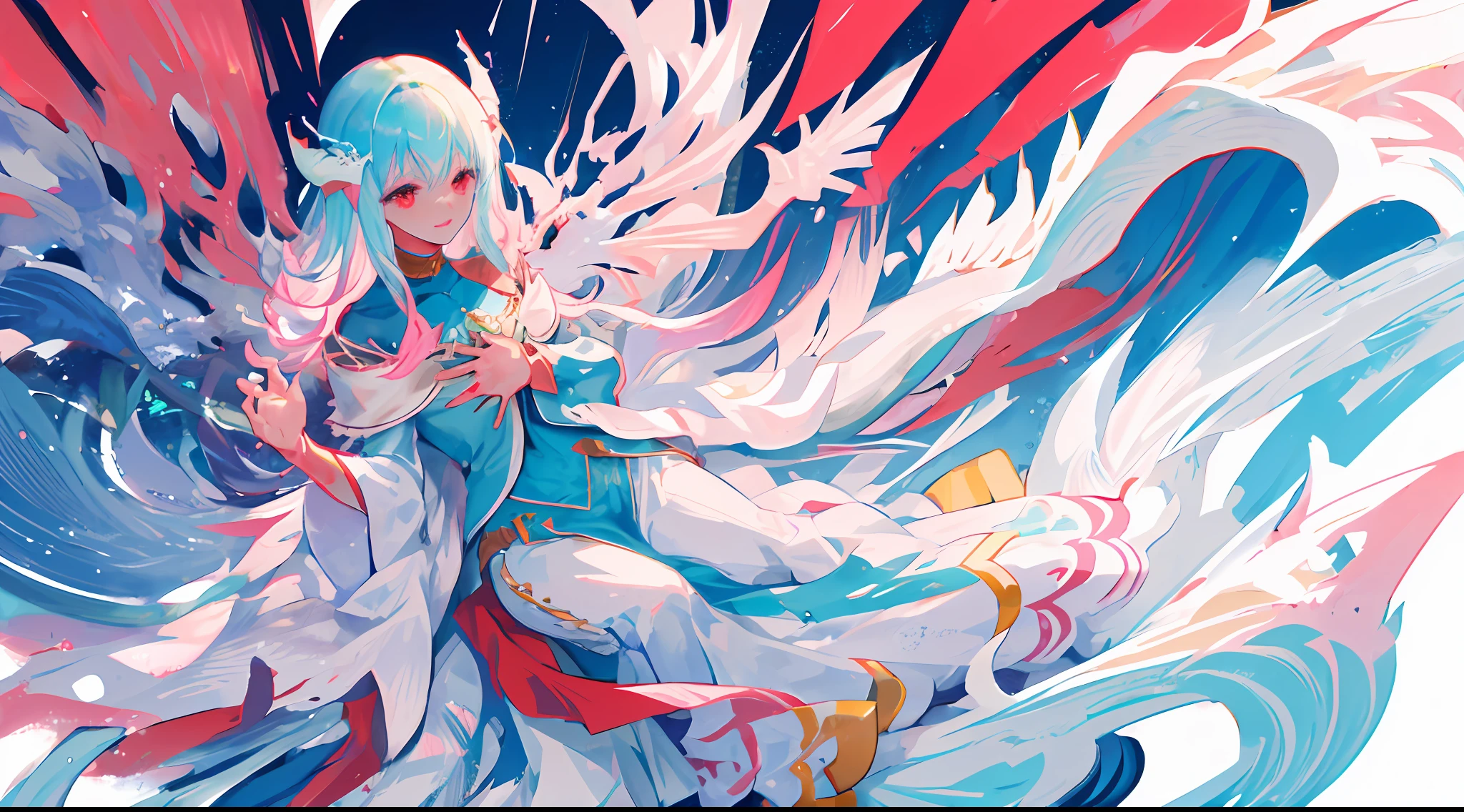 Pink, White, 1girll, ninian fe, Red eyes, Long dress, jewelry, Dancer, From above, foreshortening, Shy, hands on the chest, looking over hands, (1龙, White dragon, Dragon, loong background:1.2),4k,