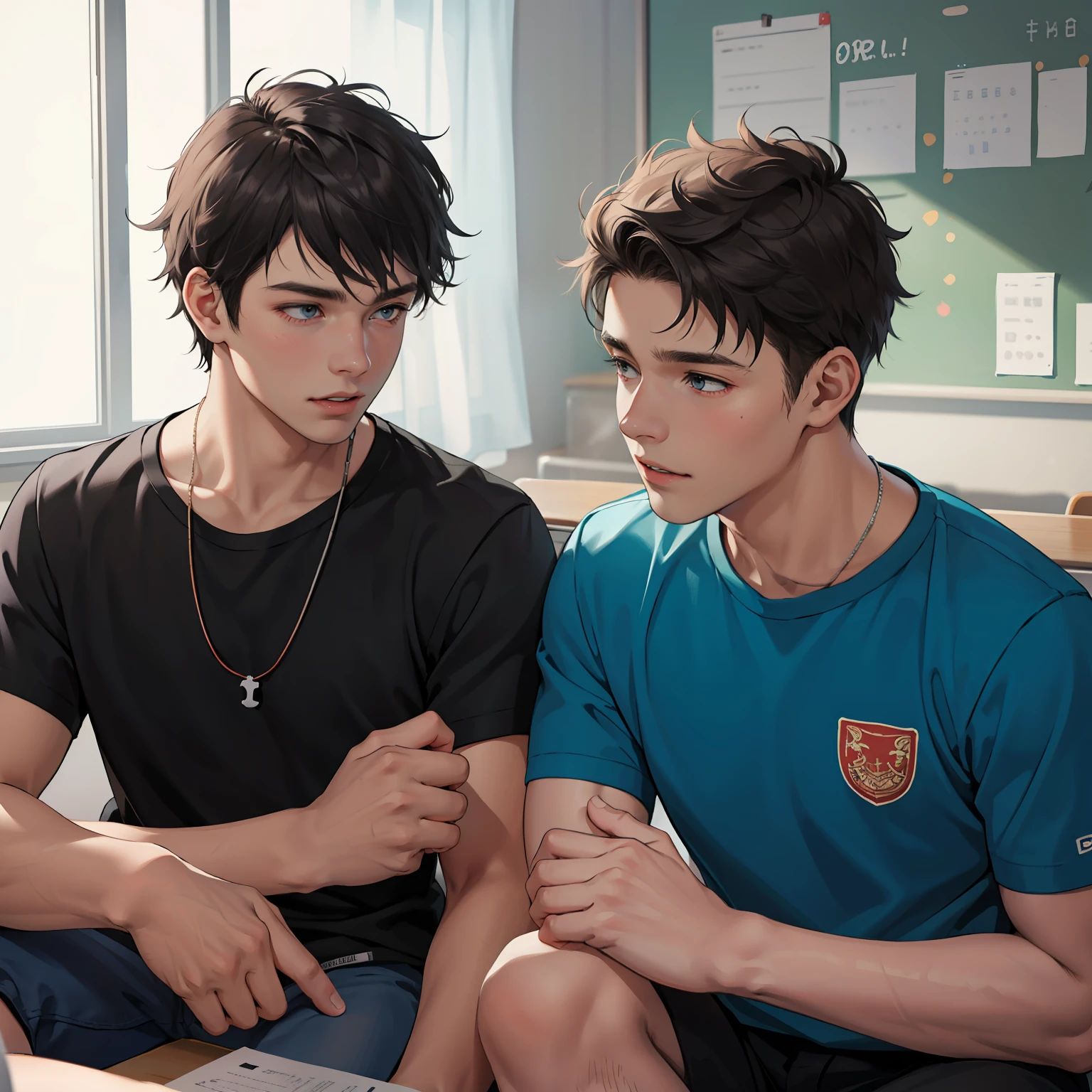 Two 15-year-old teenage friends chatting at school share a secret that they are almost brother-like friends.. (usar los mismo personajes)