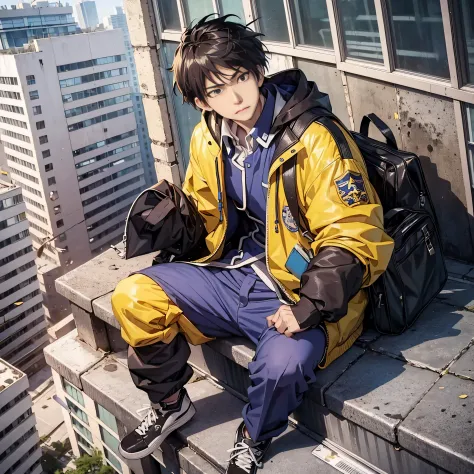 an anime male student，yellow jacket，jumped from the roof of a teaching building and fell to his death