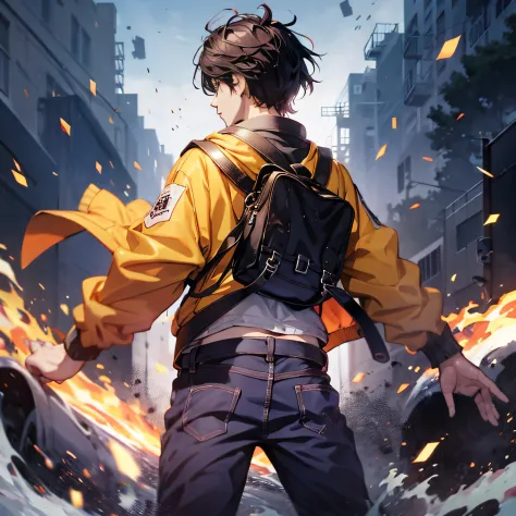 anime male student，orange jacket，floating in the air，back shadow，spread your hands