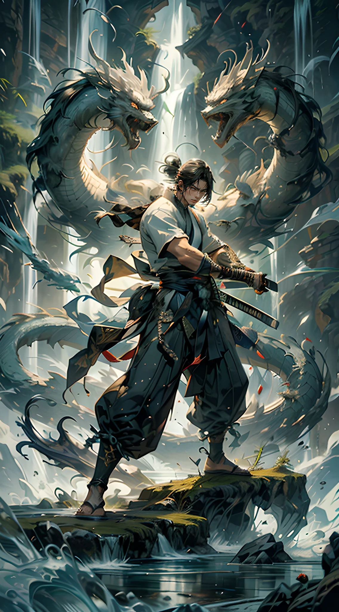 un hombre, usar ropa tradicional de artes marciales, empuñando la espada, parado frente a una enorme cascada, pose de acción, espíritu de dragón blanco que lo rodea
