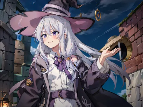 1womanl，purple eye，silvery hair，long whitr hair，irena，filigree，exteriors，building，broom，the witch，badges，white color blouse，magi...