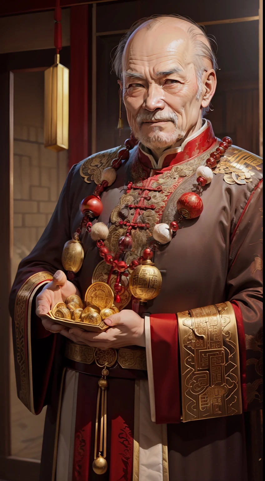 Han Chinese，A balding old man wearing a traditional Chinese cassock，Holding a handful of gold ingots，red colour，jubilation，a cassock，temple，k hd，Reality，Ultra-high resolution，Prayer beads，Wealth