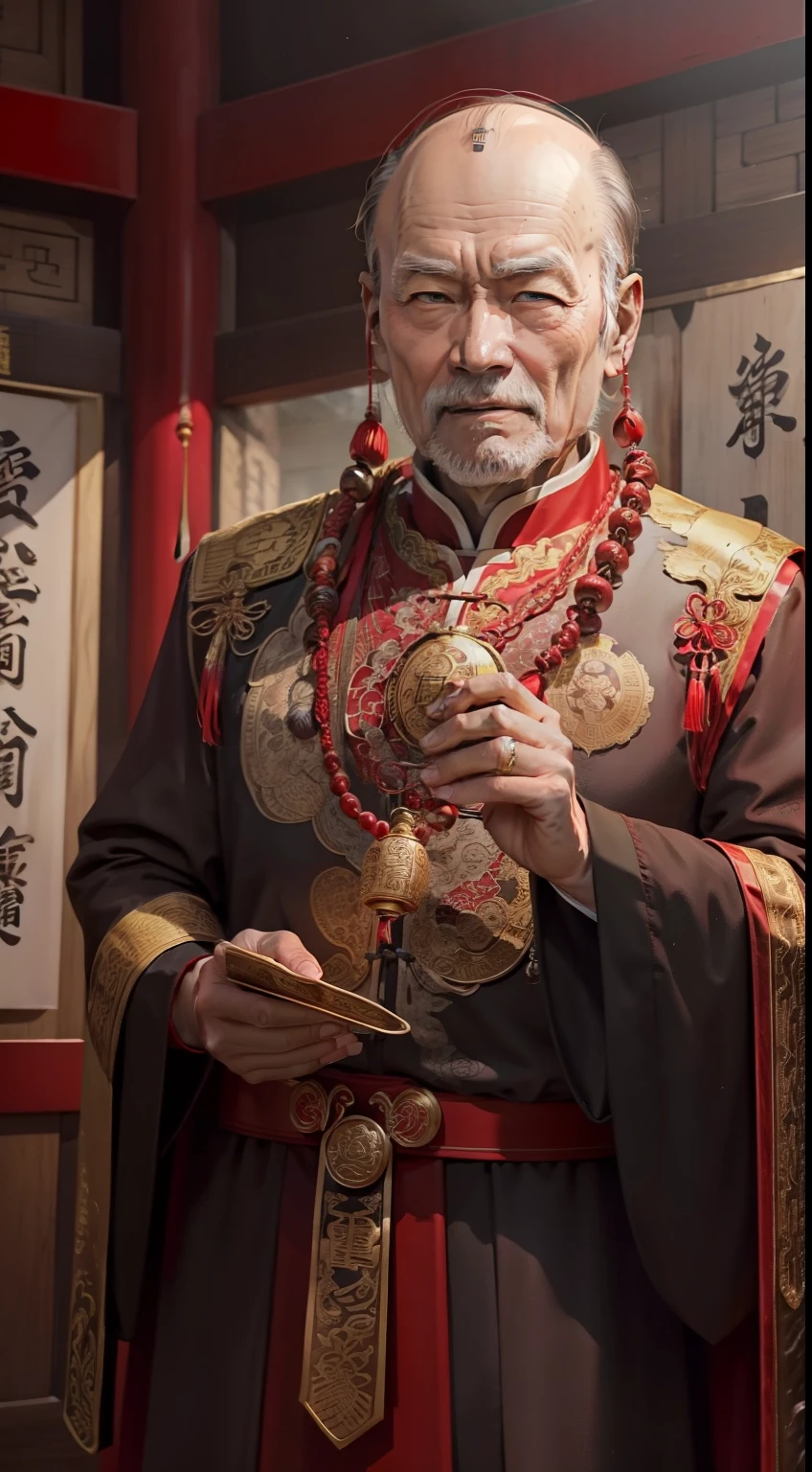 Han Chinese，A balding old man wearing a traditional Chinese cassock，Holding a handful of gold ingots，red colour，jubilation，a cassock，Temple，k hd，真实感，超高分辨率，Prayer beads，Wealth