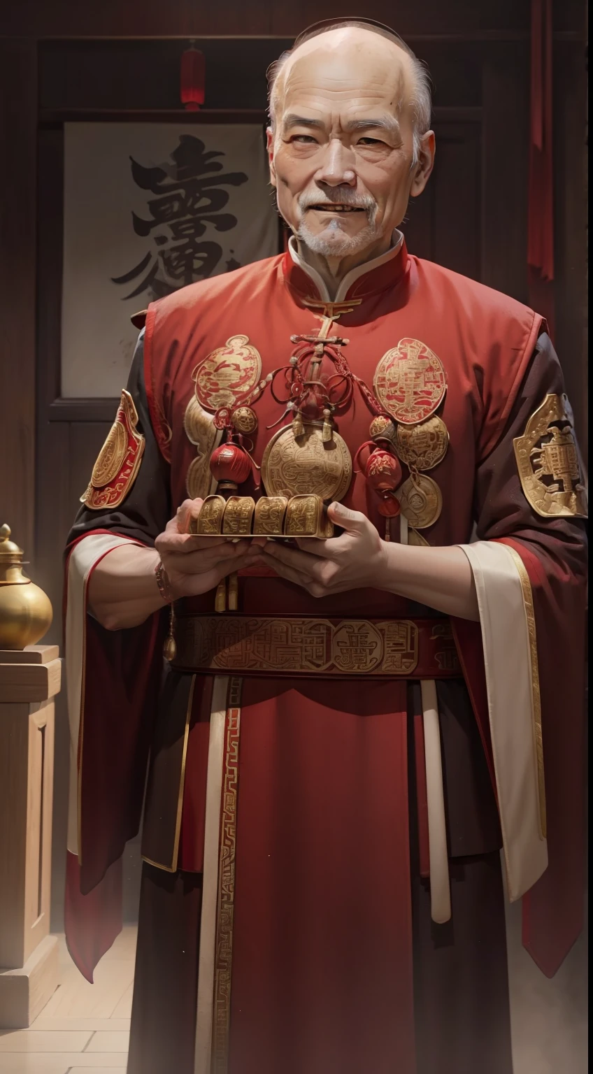 Han Chinese，A balding old man wearing a traditional Chinese cassock，Holding a handful of gold ingots，red colour，jubilation，a cassock，Temple，k hd，真实感，超高分辨率，Prayer beads，Wealth