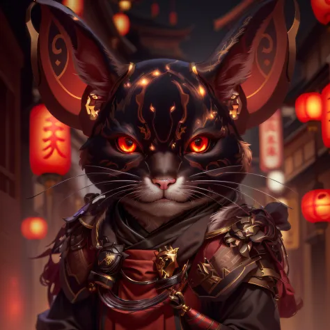 A mouse, magical, Anthropomorphic, Angry expression, Glowing eyes, Like a mask, Hanfu, Background Ancient Chinese Street, the night，Genshin Impact Impact, Best picture quality, High detail, high qulity, 超高分辨率, oc rendered, 8K