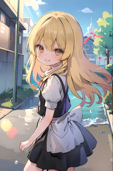masutepiece, Best Quality, 1girl in, Solo,grin, kirisame marisa, Sunlight background, Head to knee, ((elementary student))
