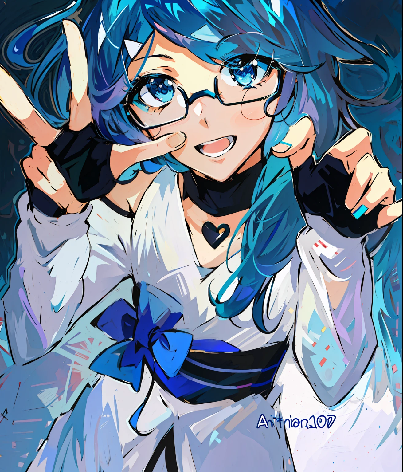 anime girl with blue hair and glasses making a peace sign, 2 d anime style, 2 d anime, mikudayo, with index finger, anime moe artstyle, anime girl with teal hair, vocaloid, in an anime style, !!wearing glasses!!, as an anime character, with blue hair, pixiv contest winner, inspired by Rei Kamoi