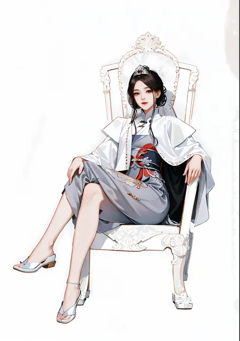 there is a woman sitting on a chair，wearing a white coat, full-body xianxia, by yang j, sitting on her throne, highly detailed e...