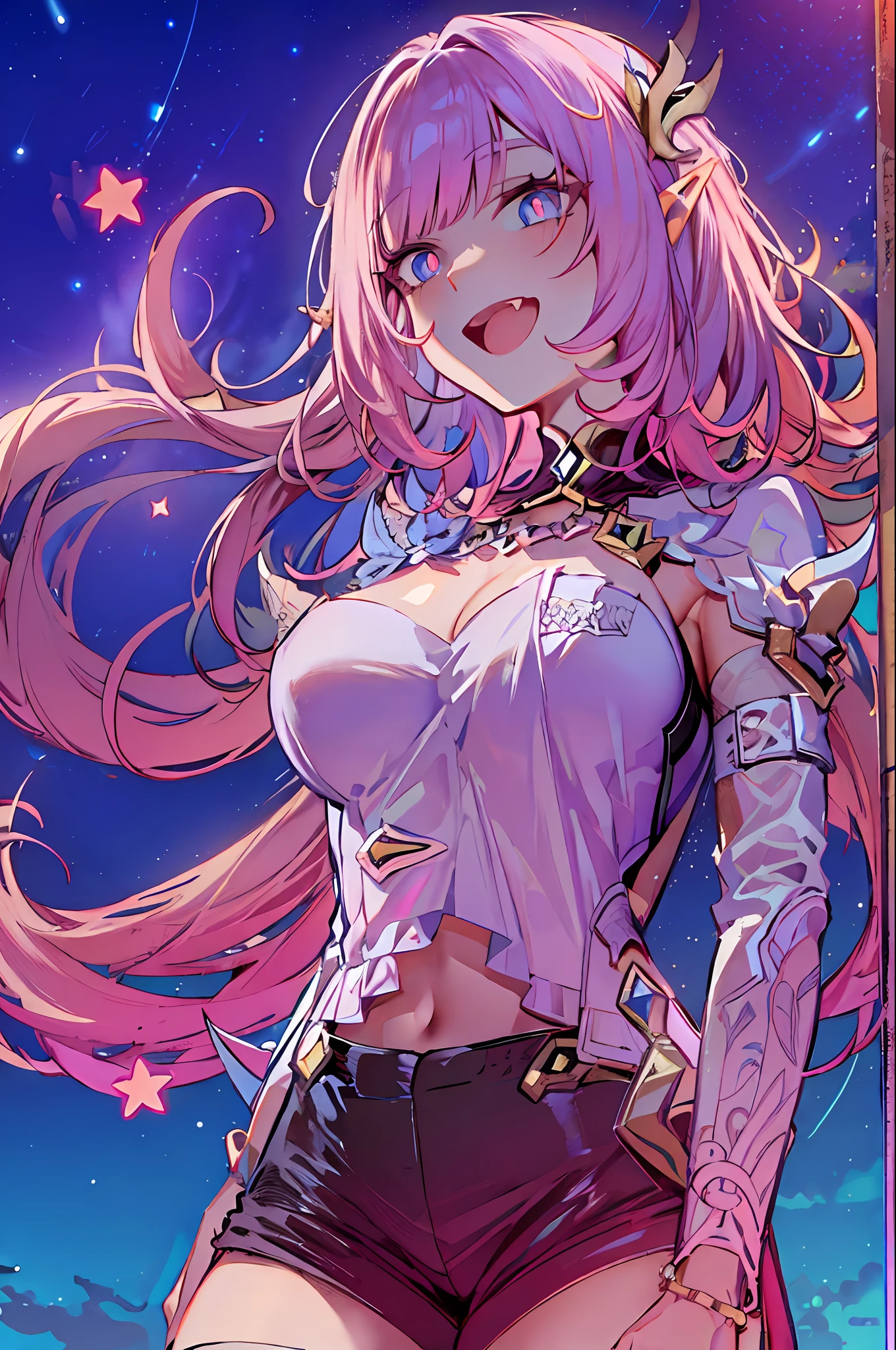 (Realistic painting style:0.9), masterpiece, best quality,  absurdres, elysia (miss pink elf) (honkai impact), slit pupils, elysia (honkai impact), elf, pointy ears, 1girl, breasts, cleavage, pink hair, solo, hair ornament, smile, blue eyes, long hair, looking at viewer, open mouth, bangs, :d, sky, star (sky), black shorts, large breasts, starry sky, shorts, night sky, arms behind back, night, long sleeves, pink pupils, vampire, vampire teeth, bare feet, standing,