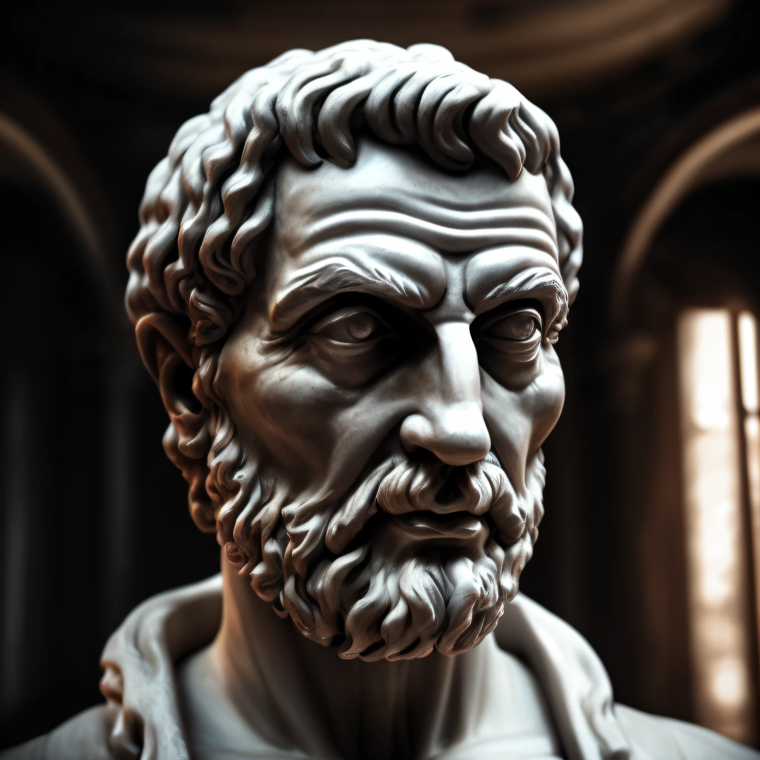 Seneca, close-up of a classic wise greek philosopher, statue in a temple, stoic posture, greek god, wisdom, cinematic feel, black and white, ultra realistic, ultra detailed and handcrafted in every aspect, dark