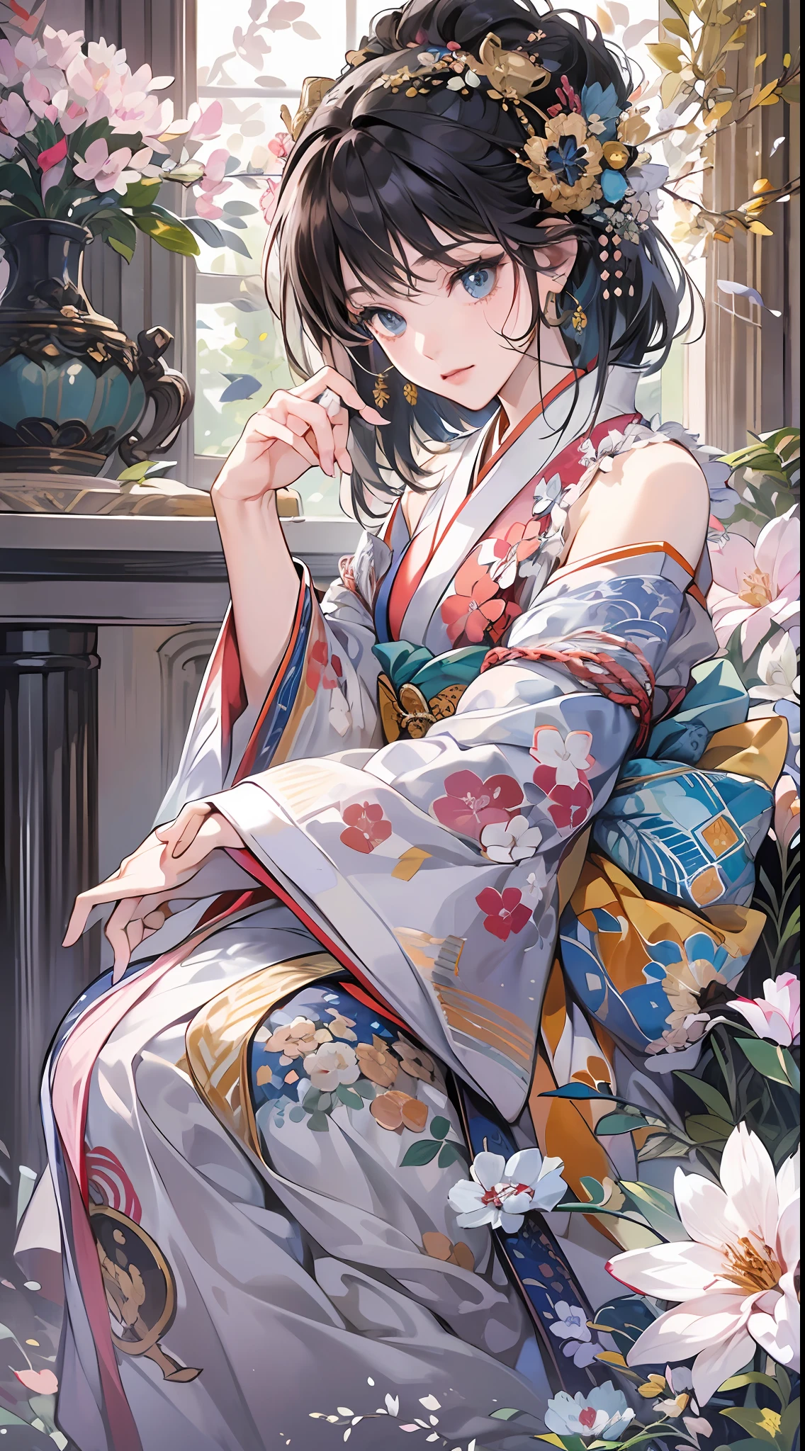 (Masterpiece, Top quality, Best quality, offcial art, Beautiful indulgence: 1.2), (Japanese dress), arms back behind, (Upper body only), (1 girl: 1.3), Japan  Woman, Very detailed, Colorful, best detail ((Super detailed)), (Very detailed 2DCG illustration), (((Very delicate and beautiful)) (Seated), Expressionless, Black hair, kanzashi, Earrings --auto --s2