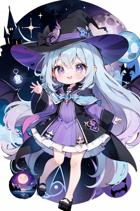 1 girl in、Light blue long hair、Purple eyes、witch's hat、Harry Potter Dresses、A smile、Knee-length skirt、Ruffled skirt、Icon-like、Chibi、Chibi Chara、fullmoon、the bats、fluffy、(High resolution of the highest quality)、((masterpiece best quality:1.2)), [[Fused fing...