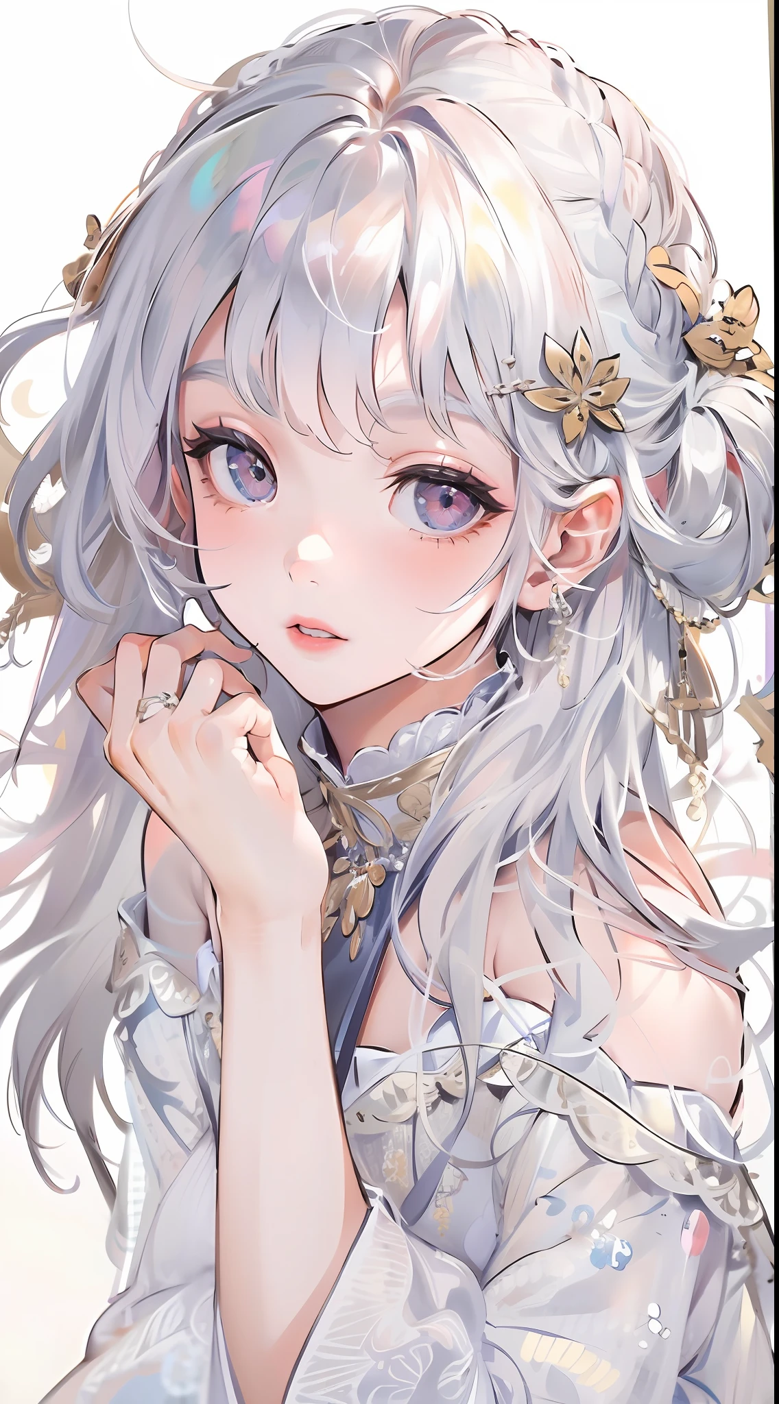 Best quality, highly detailed, masterpiece, ultra detailed, (reality: 1.2), 1 girl, (white background), simple background, delicate eyes, silver hair, purple eyes, hair_ornament, (white off-the-shoulder shirt: 1.3), long hair, pointy_ears, crown_braid, expressionless, straight hair, (++ sitting: 1.2), room,