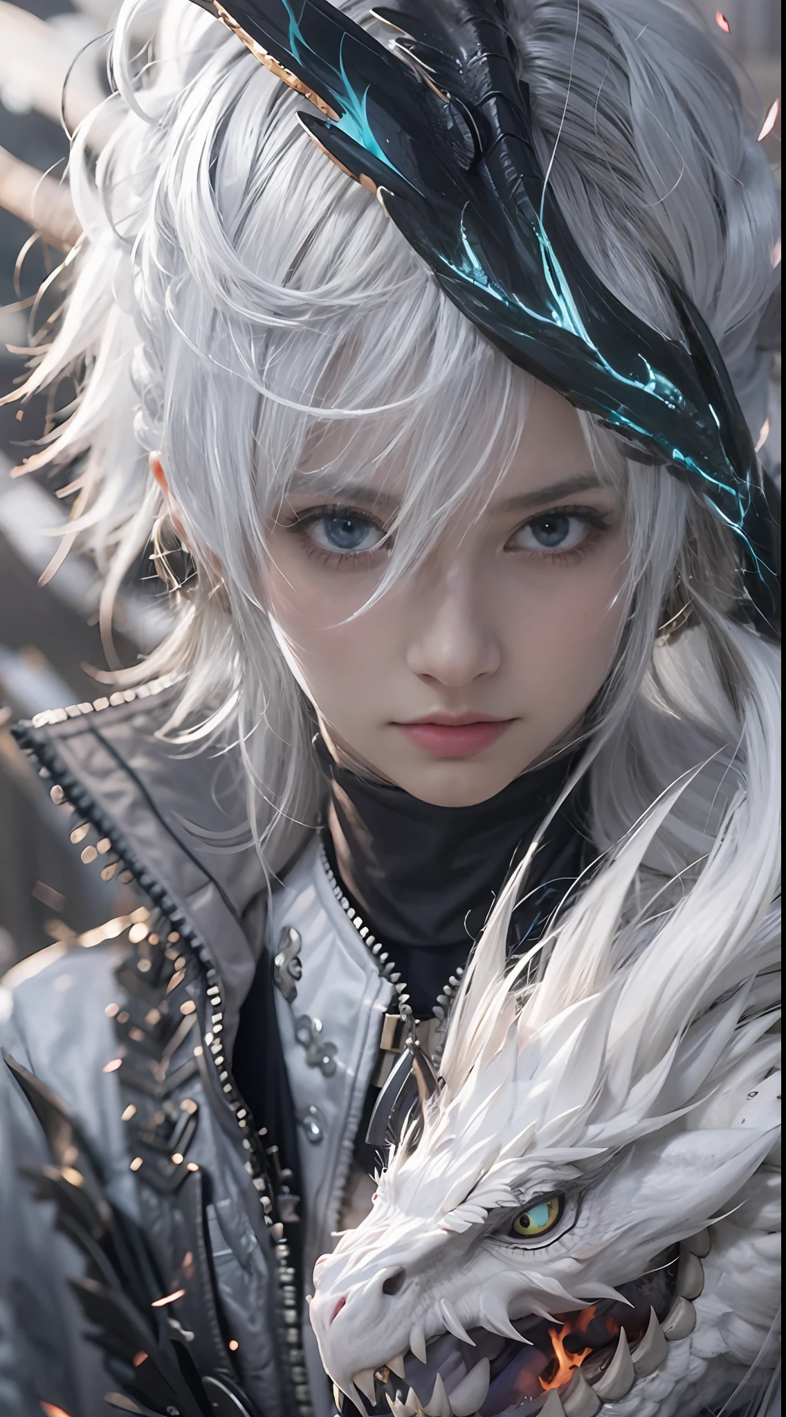 A high resolution，high detal，8K，（A boy:1.9），cool guy，high-definition face，Messy short silver-white hair and medium white hair standing at the ends，A gifted dark spell master，Black and white spell master set，A hand burning with blue flames，fire spell，Gorgeous black feathered wings，A dragon surrounds the protagonist，The is very detailed，Ultra-high sharpness，Thick coating，Dragons surround the background