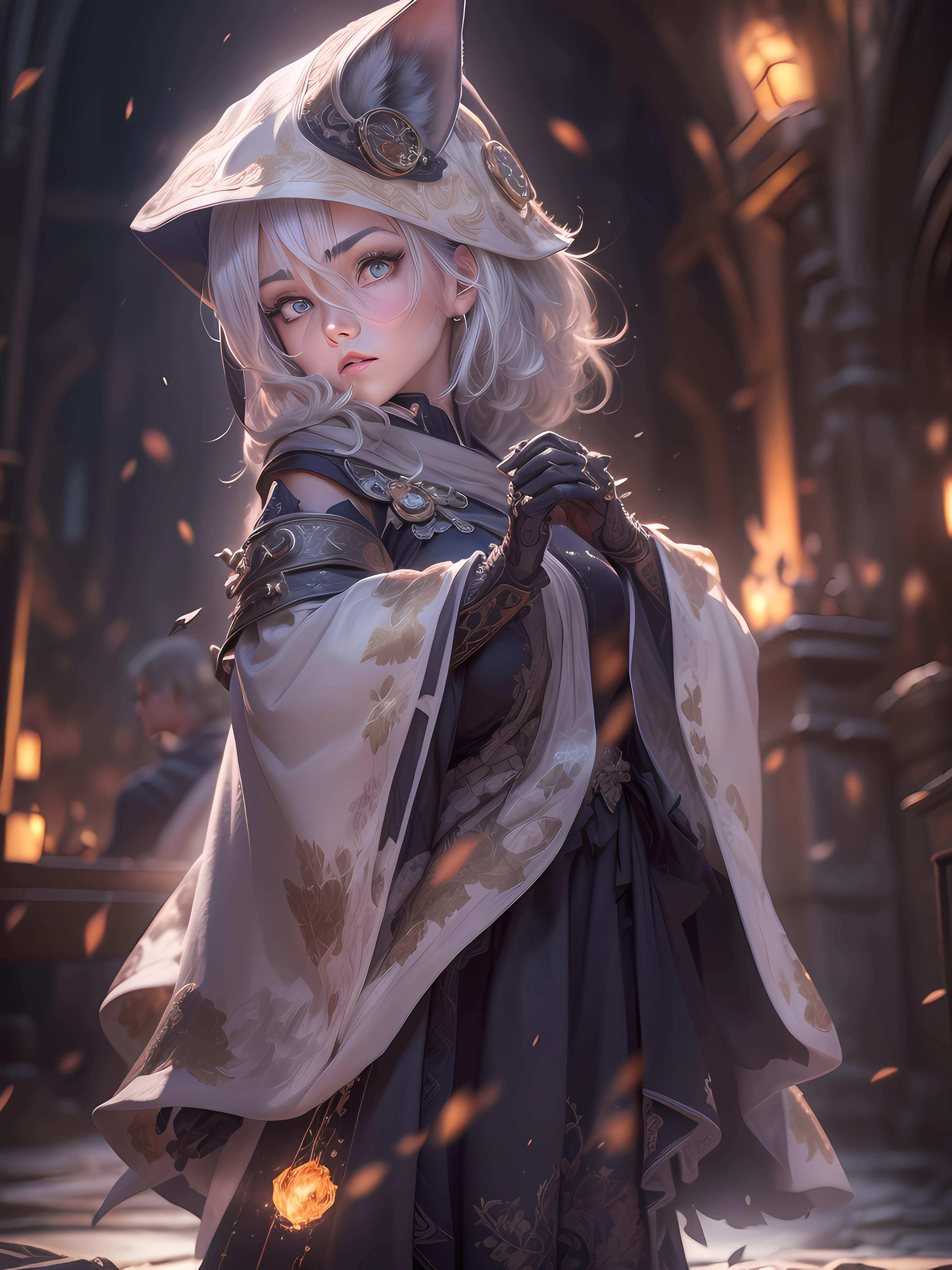 (1 japan girl, ember color fox ear, short silver hair, 15 year old (small breasts:1.3), (small head), pale skin, ((platinum hair color)), wearing cloth, wearing black cloak with gears (long robes, magical robes, technical wearing). dark church background, mechanism gears, industry technology, automaton, electric sparks cinematic atmosphere. ((amber eyes high quality, high quality face)), (extremely intricate robes, magical robes), Dynamic action poses in battle scenes, very complex and casting black flame, swirling fire, radiating power, smoke, magic black flame ((dramatic)), bokeh, gothic, ember particles, skulls and lit candles red glow, shadows, low camera angle, (detailed eyes:1.3), (detailed face:1.3), (perfect hands:1.3). realistic shadows, ultra detailed high resolution, sharp focus, depth of field, (Masterpiece:1.2) (photorealistic:1.2) (best quality) (intricate details) (High Poly) (Raytracing), (neutral colors:1.2), (hdr:1.4), (muted colors:1.2), hyperdetailed, (artstation:1.4), cinematic, cold lights, dramatic light, (intricate details:1.1), (teal and orange:0.4)", detailed background, (steam-punk theme:1.1) determined expression, floating lights.