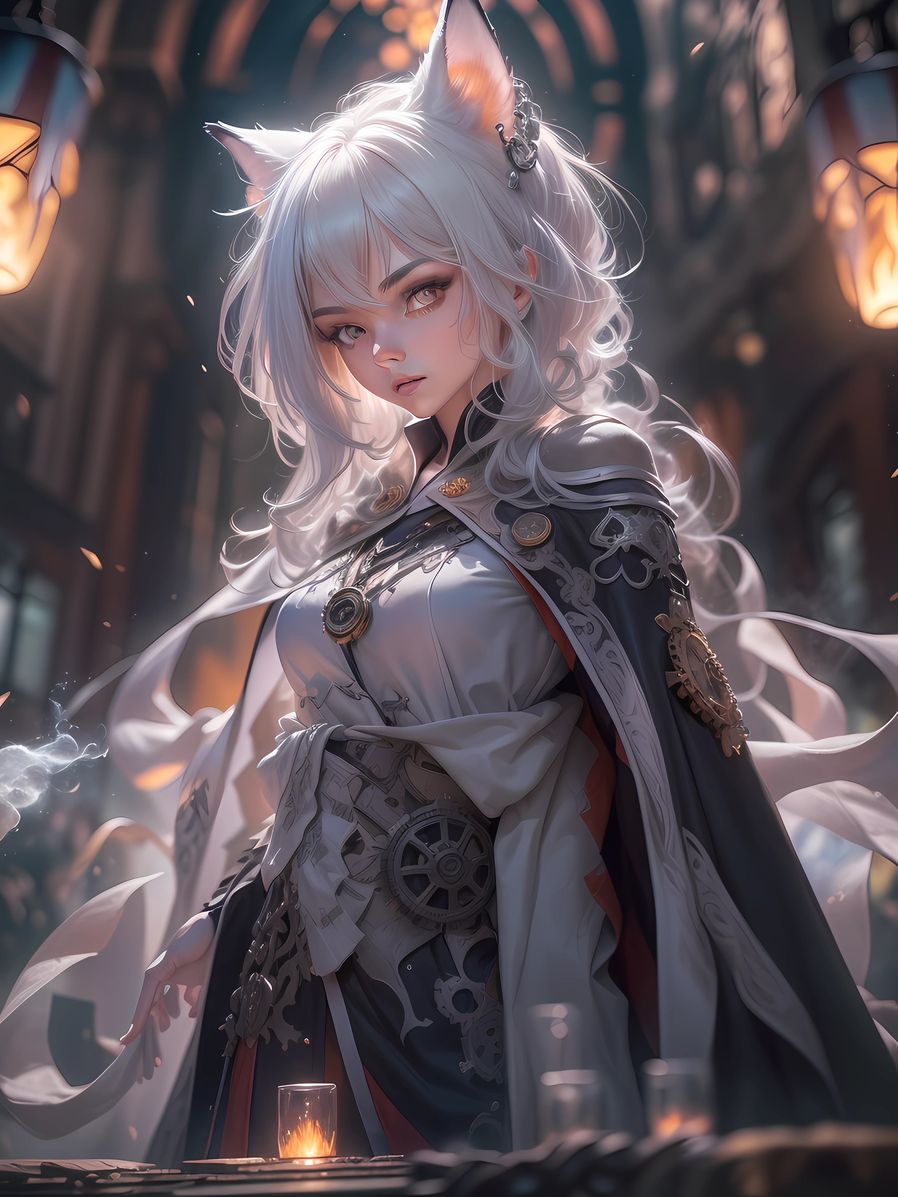 (1 japan girl, ember color fox ear, short silver hair, 15 year old (small breasts:1.3), (small head), pale skin, ((platinum hair color)), wearing cloth, wearing black cloak with gears (long robes, magical robes, technical wearing). dark church background, mechanism gears, industry technology, automaton, electric sparks cinematic atmosphere. ((amber eyes high quality, high quality face)), (extremely intricate robes, magical robes), Dynamic action poses in battle scenes, very complex and casting black flame, swirling fire, radiating power, smoke, magic black flame ((dramatic)), bokeh, gothic, ember particles, skulls and lit candles red glow, shadows, low camera angle, (detailed eyes:1.3), (detailed face:1.3), (perfect hands:1.3). realistic shadows, ultra detailed high resolution, sharp focus, depth of field, (Masterpiece:1.2) (photorealistic:1.2) (best quality) (intricate details) (High Poly) (Raytracing), (neutral colors:1.2), (hdr:1.4), (muted colors:1.2), hyperdetailed, (artstation:1.4), cinematic, cold lights, dramatic light, (intricate details:1.1), (teal and orange:0.4)", detailed background, (steam-punk theme:1.1) determined expression, floating lights.