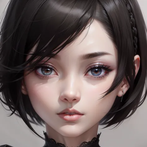 Pale skin with black bob hair、Simple portrait with clear double eyelids。A hyper-realistic