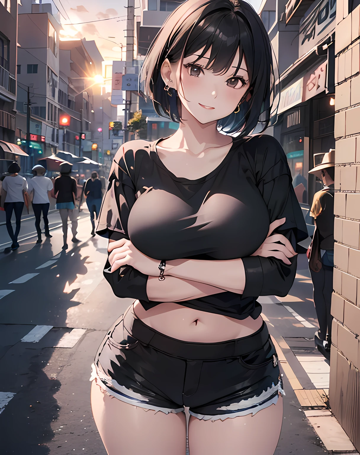 (((face close-up image:1.5, from below, POV, crossed arms on stomach, holding own breasts, grabbing own breast))), (masterpiece, best quality:1.37), highres, ultra-detailed, ultra-sharp, BREAK, Korean school idol, (((1girl:1.37, solo))), (beautiful anime face, cute face, detailed face), (black hair:1.3, thin hair:1.3, (((extremely short hair:1.3))), bob-cut hair style:1.3, bangs, hime-cut), detailed beautiful cyan eyes, BREAK, ((detailed black T-shirt:1.5, shorts:1.5)), BREAK, lovely look, earing, detailed clothes), light smile, closed mouth, parted lips, pink lipstick, BREAK, ((looking straight at you, cowboy shot)), detailed human hands, HDTV:1.2, ((detailed sunset Egypt downtown street venue background:1.3)), 8 life size, slender:1.15, anime style, anime style school girl, perfect anatomy, perfect proportion, inspiration from Kyoto animation and A-1 picture, late evening, excellent lighting, bright colors, clean lines, photorealistic