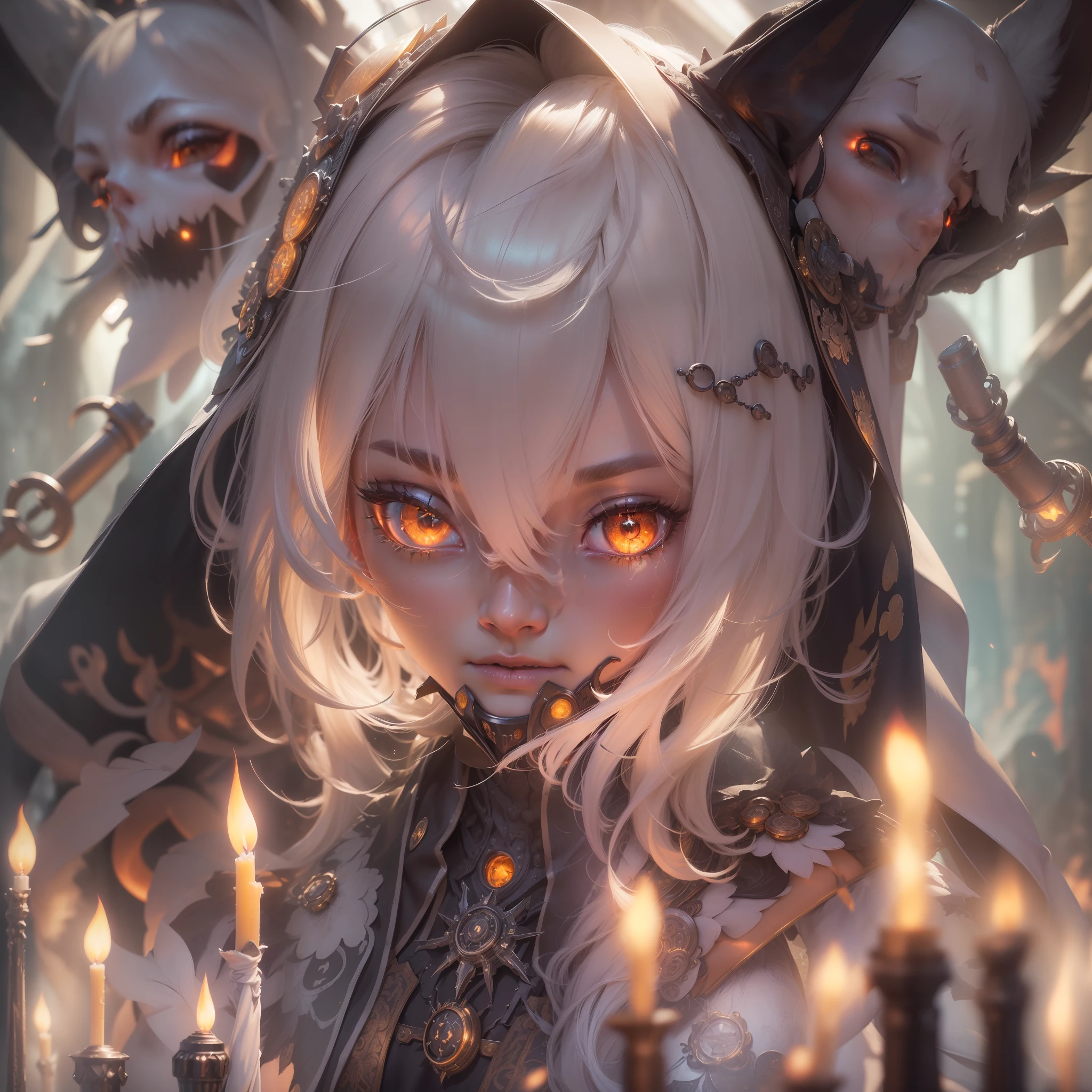 (1girl fox ear, short hair, 15 year old (small breasts:1.3), (small head), pale skin, ((platinum hair color)),  wearing cloth, wearing cloak with gears (long robes, magical robes, technical wearing). dark church background, mechanism gears, industry technology, automaton, electric sparks cinematic atmosphere. ((amber eyes high quality, high quality face)), (extremely intricate robes, magical robes), casting black flame, swirling fire, radiating power, smoke, magic black flame ((dramatic)), bokeh, gothic, ember particles, skulls and lit candles red glow, shadows, low camera angle, (detailed eyes:1.3), (detailed face:1.3), (perfect hands:1.3). realistic shadows, ultra detailed high resolution, sharp focus, depth of field, (Masterpiece:1.2) (photorealistic:1.2) (best quality) (intricate details) (High Poly) (Raytracing), (neutral colors:1.2), (hdr:1.4), (muted colors:1.2), hyperdetailed, (artstation:1.4), cinematic, cold lights, dramatic light, (intricate details:1.1), (teal and orange:0.4)", detailed background, (steam-punk theme:1.1) determined expression, floating lights.