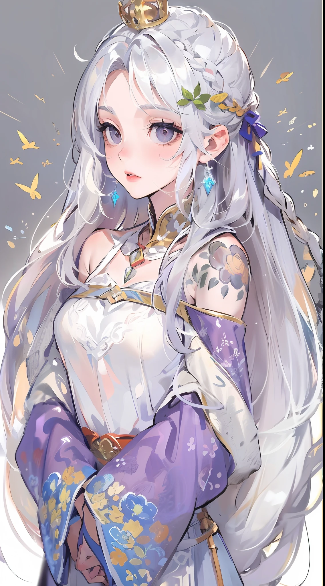 Best quality, highly detailed, masterpiece, ultra detailed, (reality: 1.2), 1 girl, (white background), simple background, delicate eyes, silver hair, purple eyes, hair_ornament, (white off-the-shoulder shirt: 1.3), long hair, pointy_ears, crown_braid, expressionless, straight hair, (++ sitting: 1.2), room,