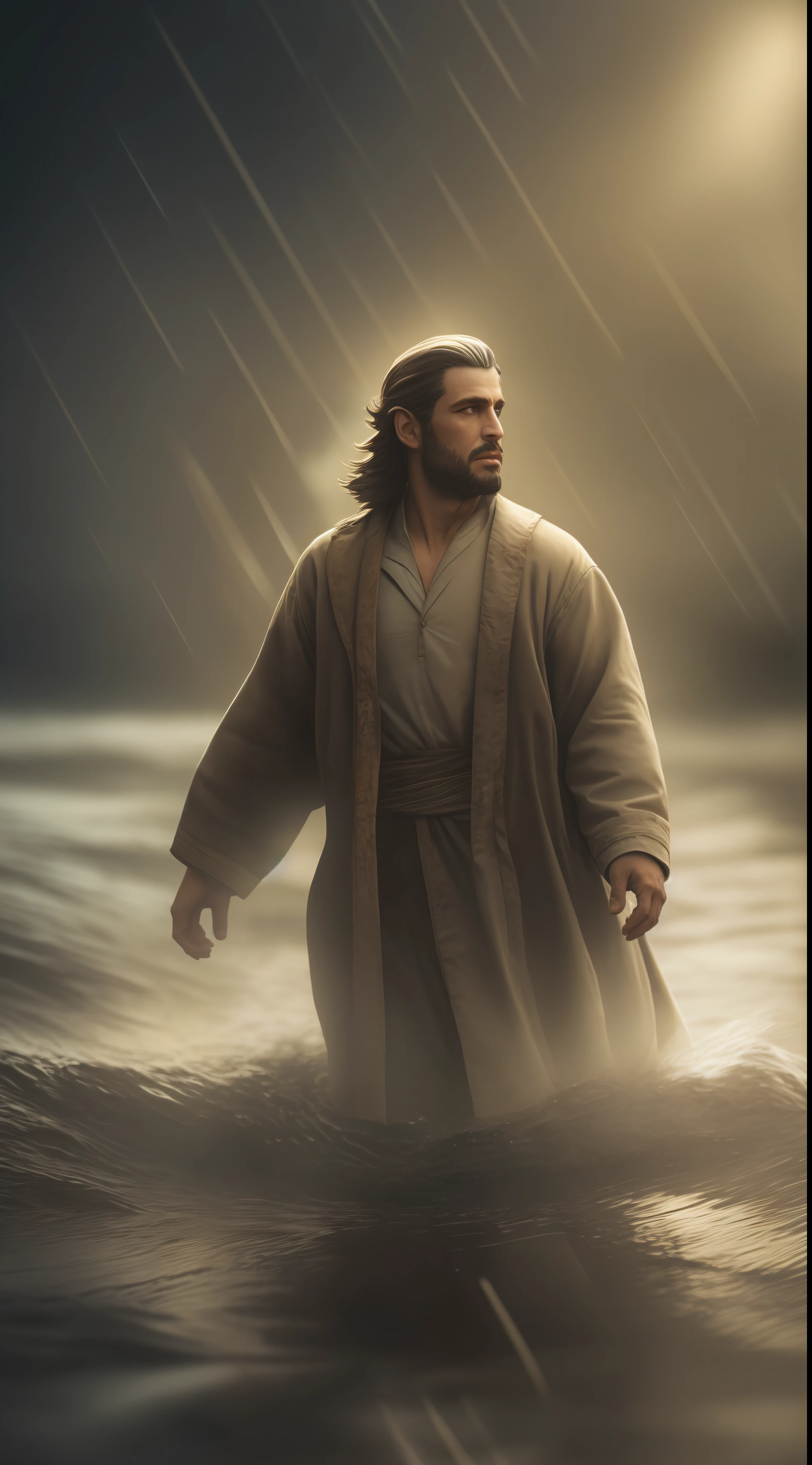 Jesus walking on water in a storm, Smooth Expression, rayas de luz que descienden del cielo, obra maestra, sthe highest qualit, altamente detallada, Unidad CG, 8k papel tapiz, fotos premiadas, bokeh, profundidad de campo, HDR, chromatic abberation, realista, muy minuciosomente detallado, tendencia en artstation y en CGsociety, poderoso motor irreal, complejo con alto detalle, dramatic, arte a mitad de viaje, volumetric illumination