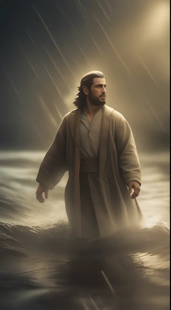 Jesus walking on water in a storm, Smooth Expression, rayas de luz que descienden del cielo, obra maestra, sthe highest qualit, ...